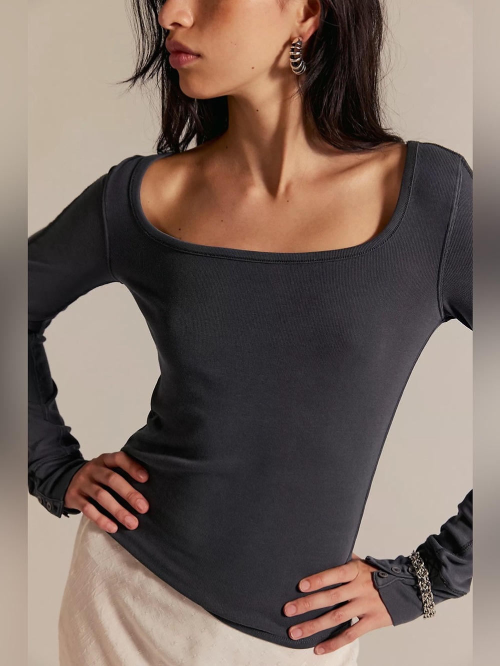 Free People We The Free Lola Scoop Neck Long Sleeve Top Washed Black Small